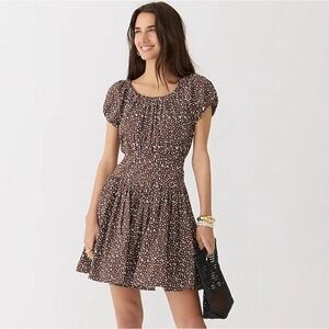 J. Crew Drop Waist Cotton Poplin Puff Sleeve Mini Dress Brown Mocha Floral 6‎
